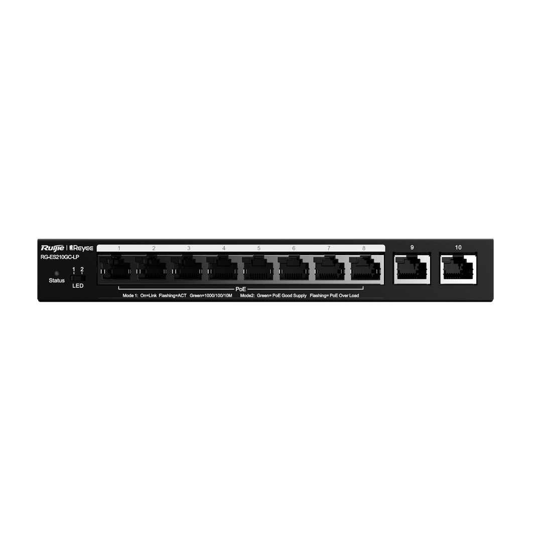 RUIJIE REYEE RG-ES210GC-LP 8 PORT 10/100/1000 8 PORT POE 2 PORT UPLINK 70 WATT RUJIE CLOUD YONETILEBILIR DESKTOP SWITCH