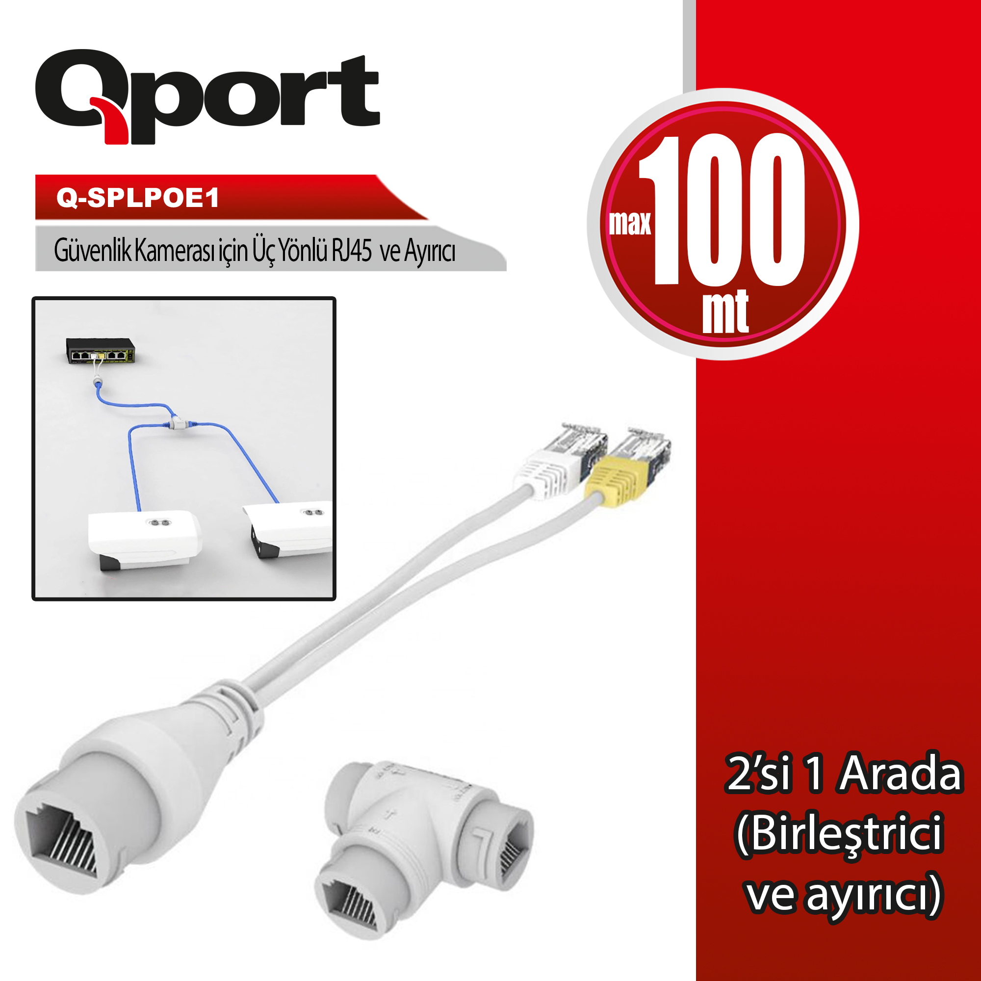 QPORT Q-SPLPOE1 2IN1 AG KONNEKTORU + 3 YOLLU POE SPLITTER